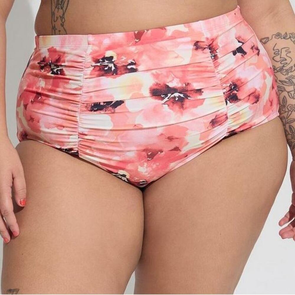Torrid peach and pink high rise ruched multi floral swim bottom